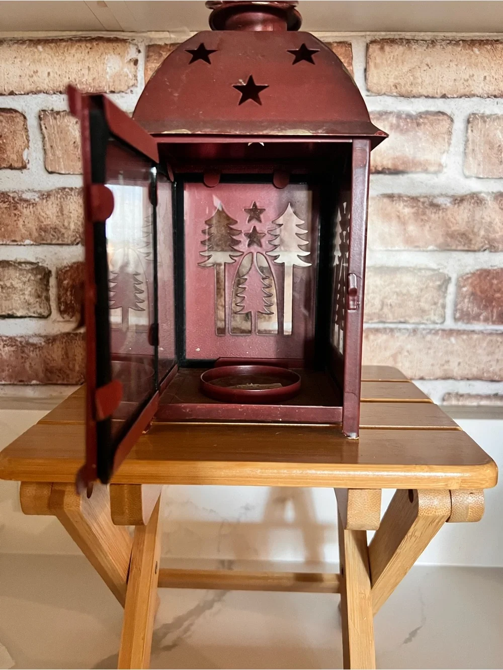 Rustic Red Metal Lantern with Tree Cutout - Home Accents